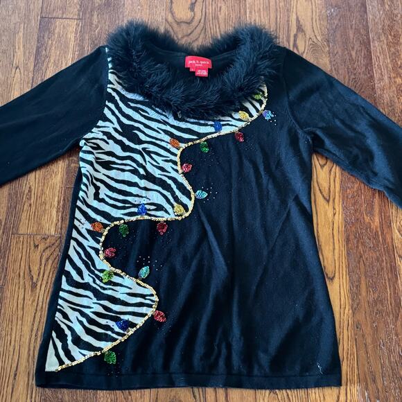 VTG Christmas Lights Sweater Womens L Faux Fur Collar Ugly Christmas Zebra - Picture 1 of 9